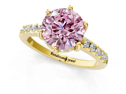 Yellow gold Fancy Pink Round Cut Solitaire Diamond Engagement Ring with Pavé Band and Six-Prong Setting_1