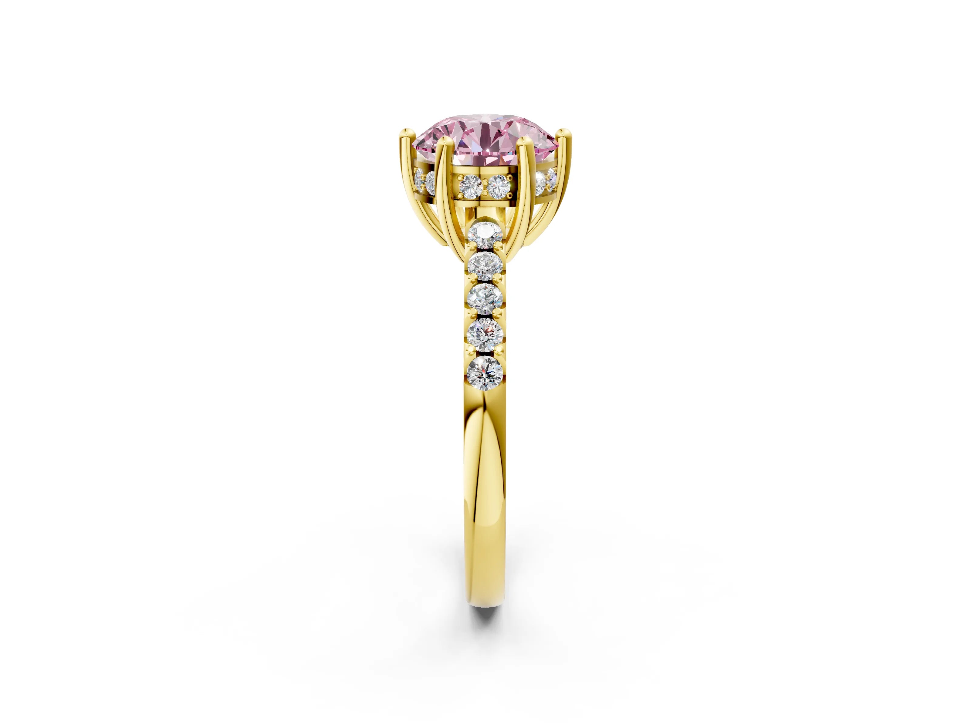 Yellow gold Fancy Pink Round Cut Solitaire Diamond Engagement Ring with Pavé Band and Six-Prong Setting_2