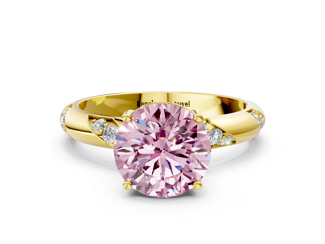 Yellow gold Fancy Pink Round Cut Solitaire Diamond Engagement Ring with Twisted Pave Band and Four-Prong Setting_3