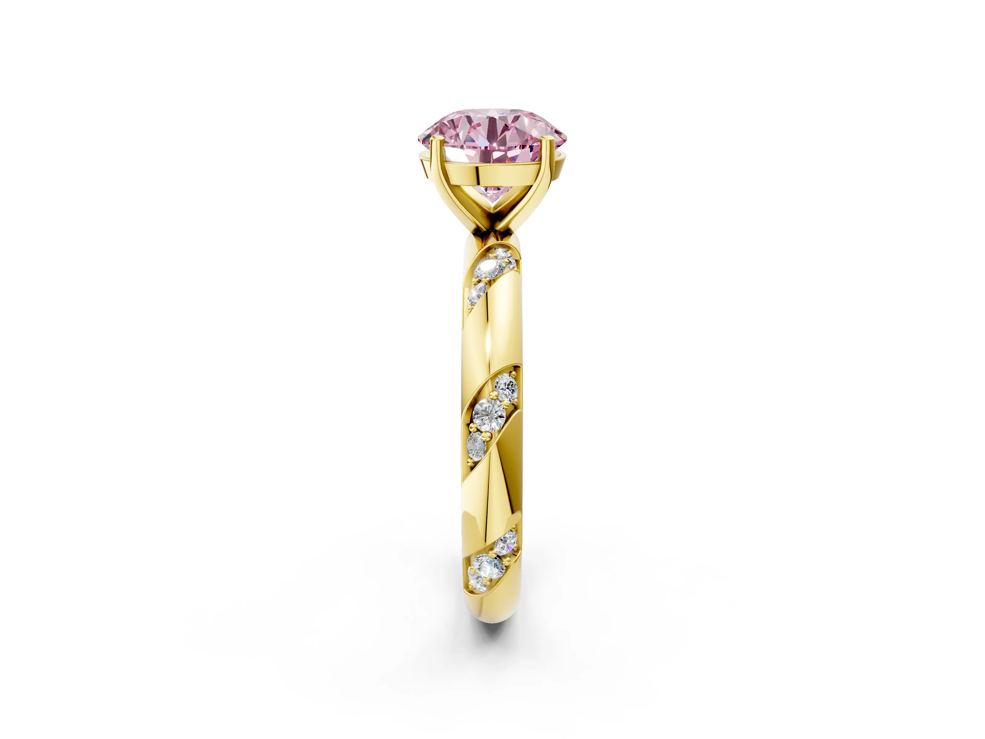 Yellow gold Fancy Pink Round Cut Solitaire Diamond Engagement Ring with Twisted Pave Band and Four-Prong Setting_5