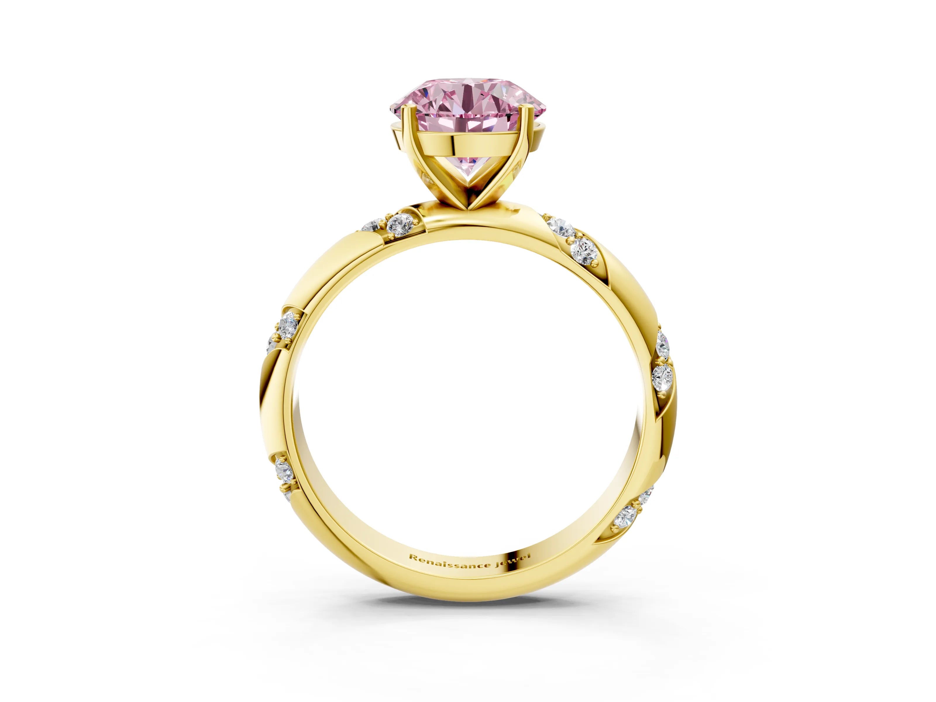Yellow gold Fancy Pink Round Cut Solitaire Diamond Engagement Ring with Twisted Pave Band and Four-Prong Setting_6