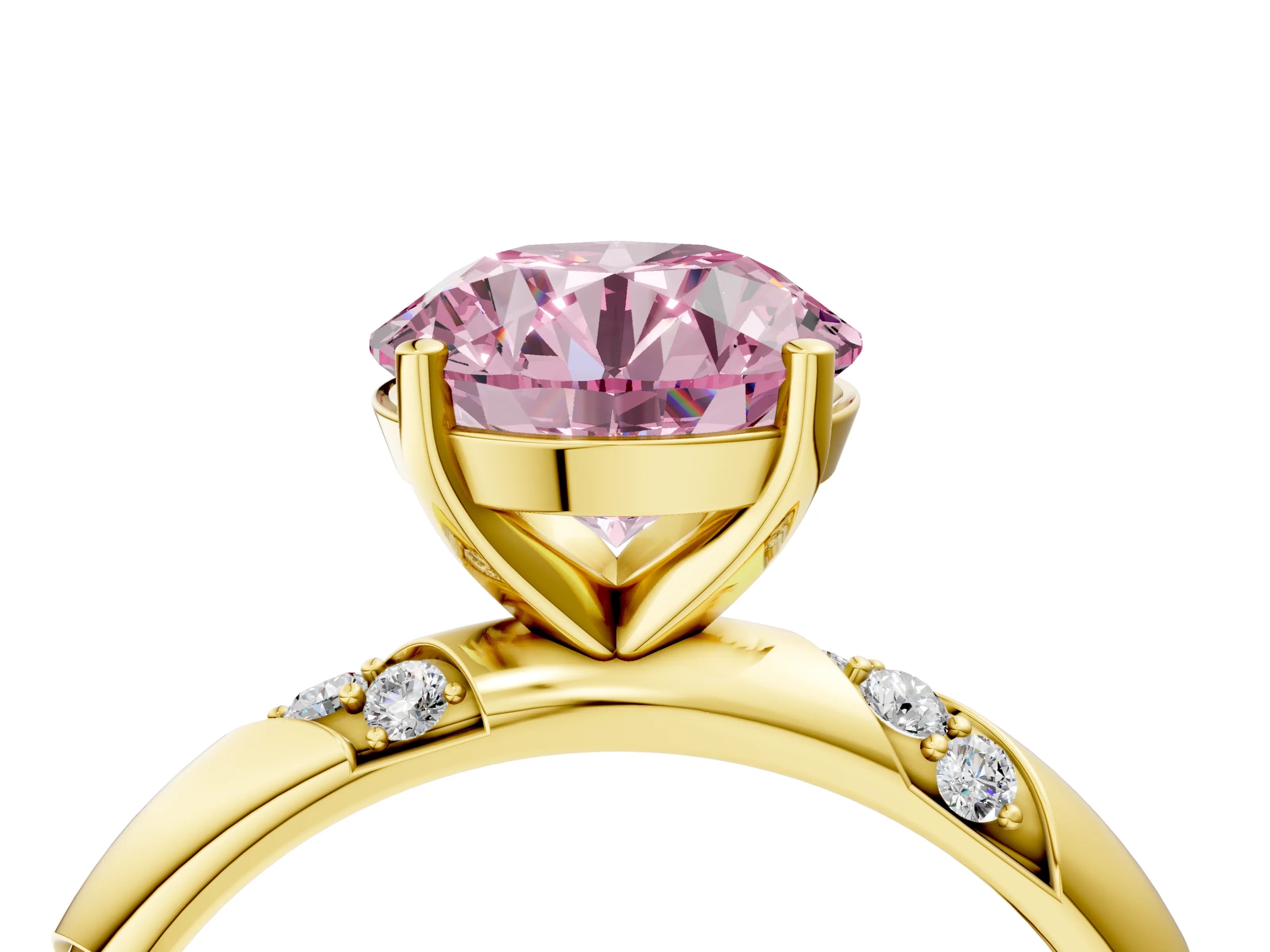 Yellow gold Fancy Pink Round Cut Solitaire Diamond Engagement Ring with Twisted Pave Band and Four-Prong Setting_7