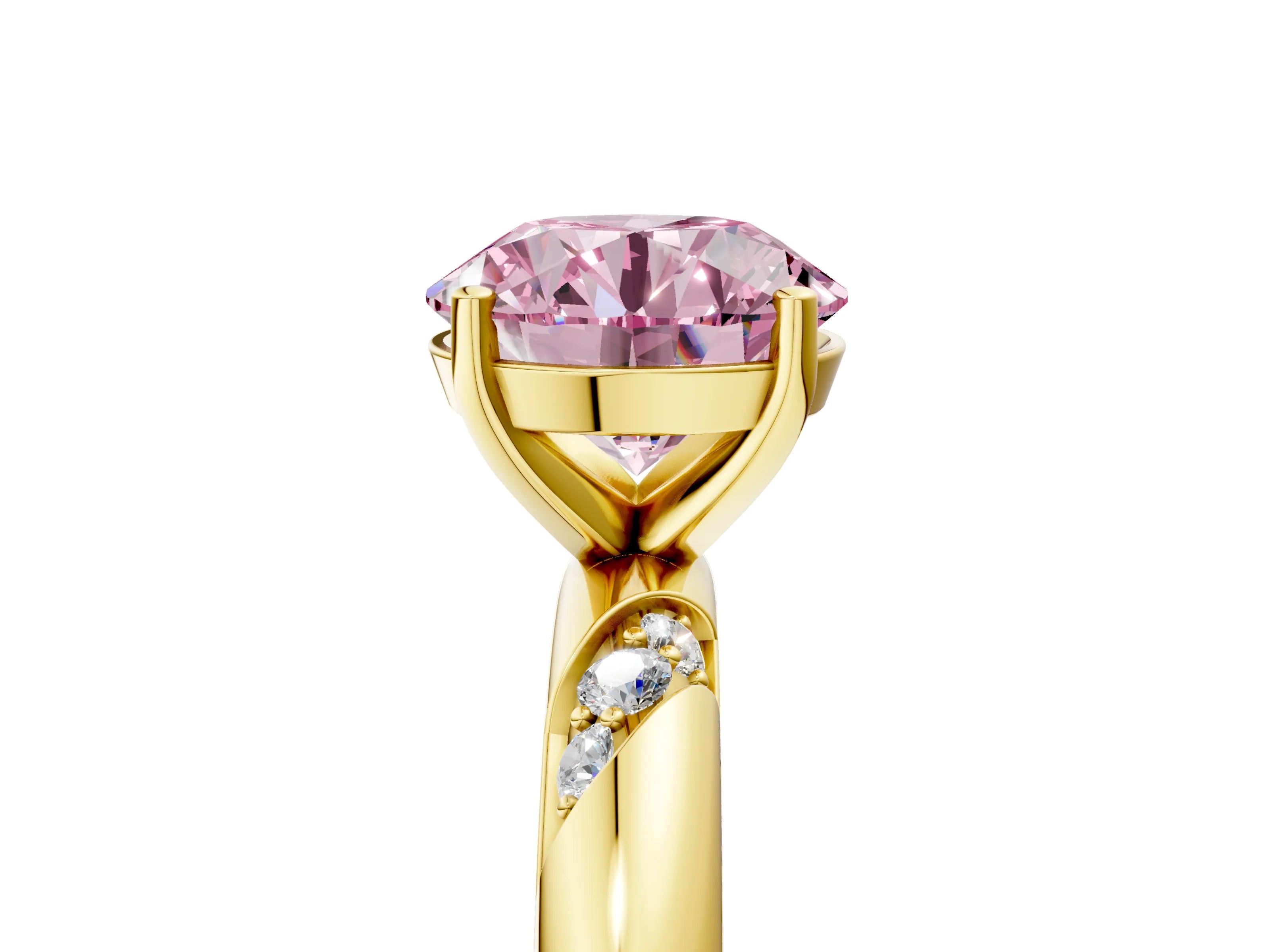 Yellow gold Fancy Pink Round Cut Solitaire Diamond Engagement Ring with Twisted Pave Band and Four-Prong Setting_8