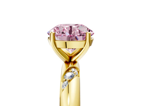 Yellow gold Fancy Pink Round Cut Solitaire Diamond Engagement Ring with Twisted Pave Band and Four-Prong Setting_8