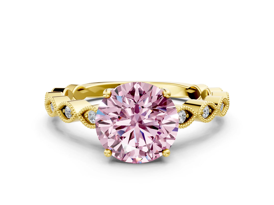 Yellow gold Fancy Pink Round Cut Solitaire Diamond Ring with Infinity Twist Band and Four-Prong Setting_12