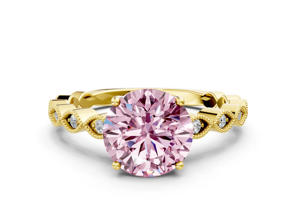 Yellow gold Fancy Pink Round Cut Solitaire Diamond Ring with Infinity Twist Band and Four-Prong Setting