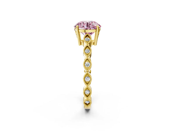Yellow gold Fancy Pink Round Cut Solitaire Diamond Ring with Infinity Twist Band and Four-Prong Setting