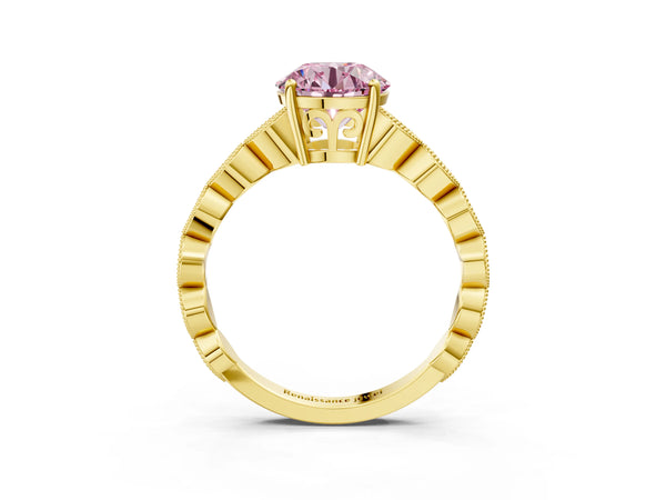 Yellow gold Fancy Pink Round Cut Solitaire Diamond Ring with Infinity Twist Band and Four-Prong Setting
