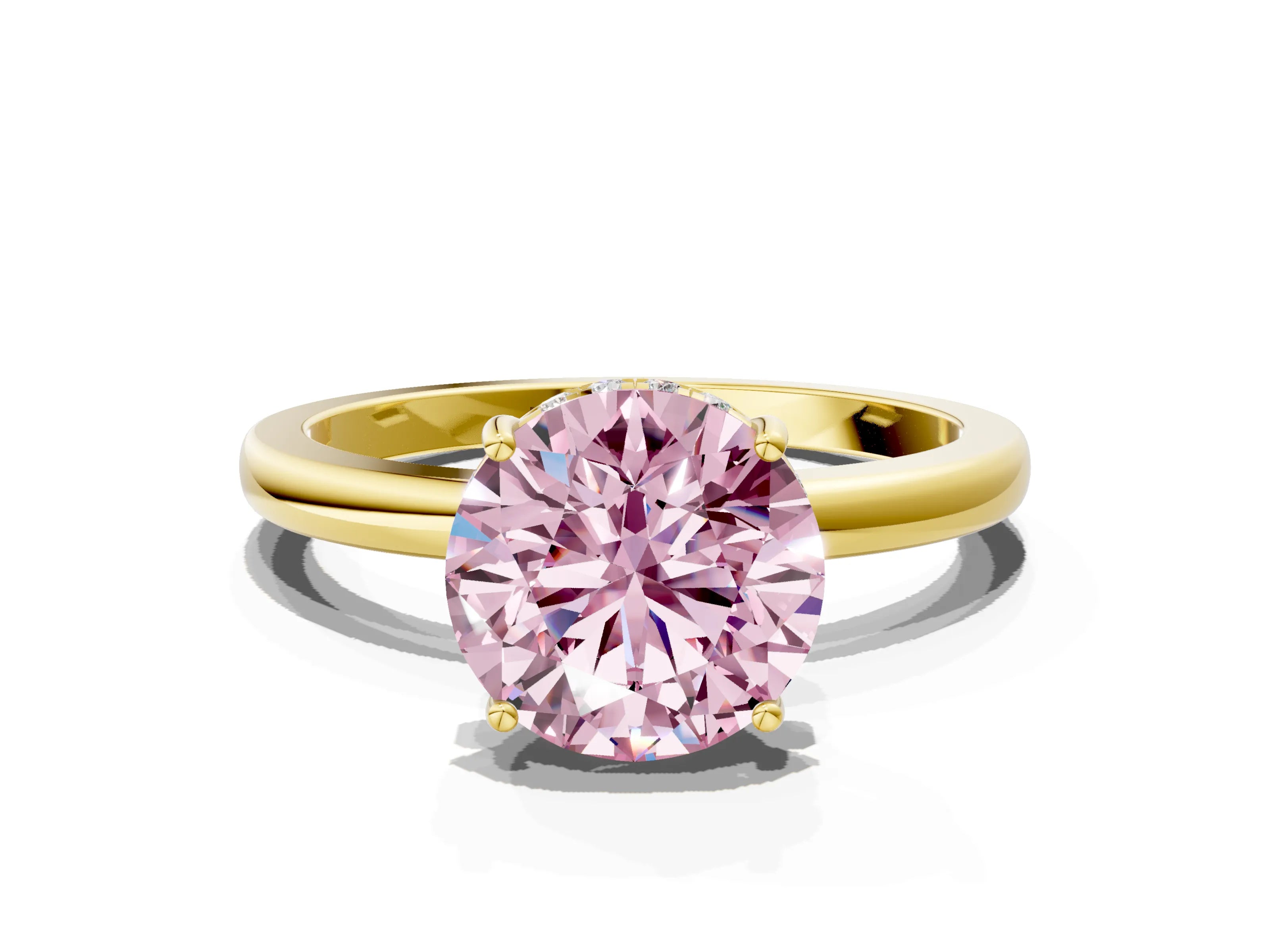 Yellow gold Fancy Pink Round Cut Solitaire Diamond Ring with Prong Setting and Plain Band