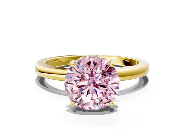 Yellow Gold Round Thin Band Hidden Halo Engagement Ring Setting for Fancy Pink Center