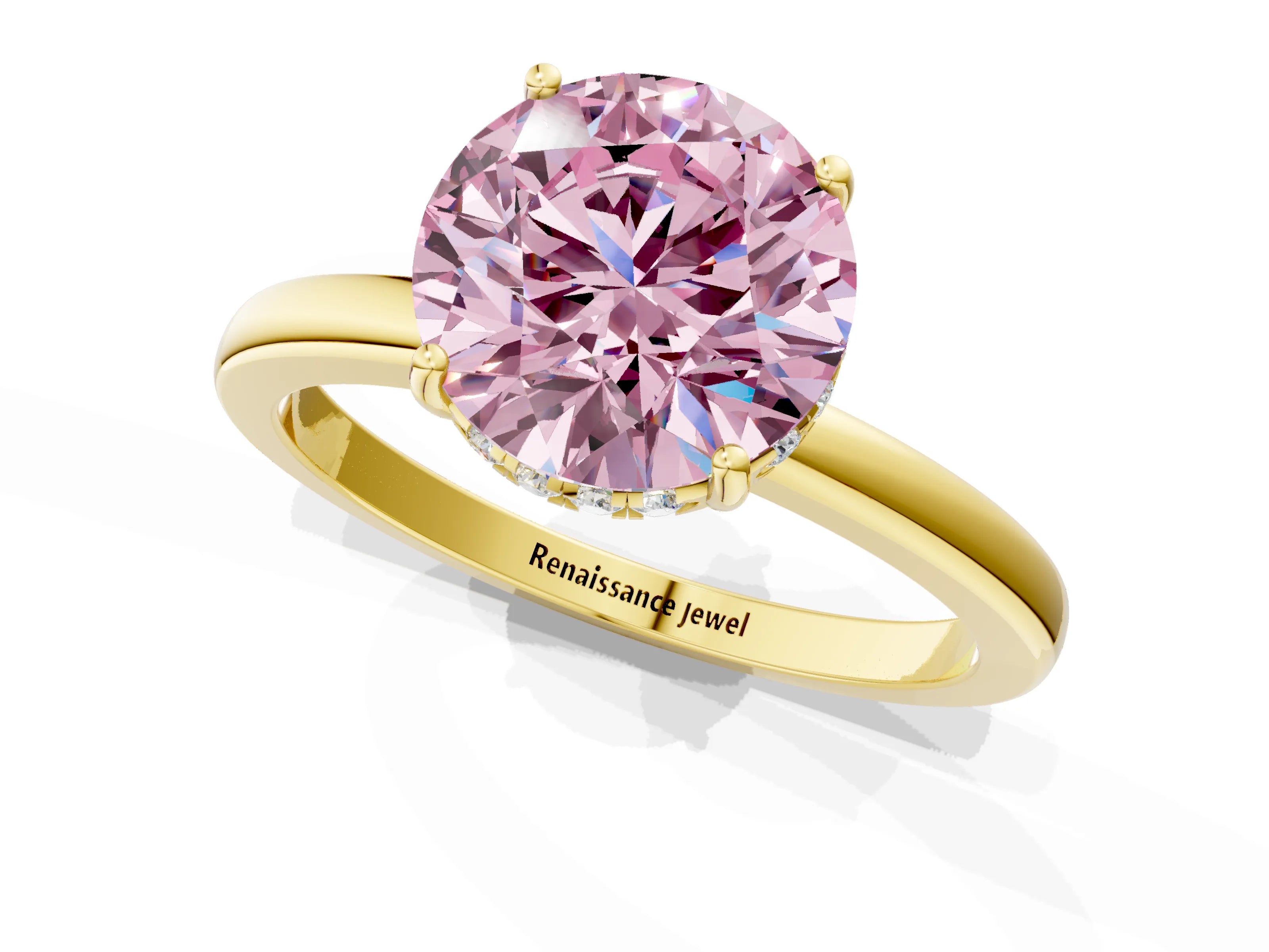 Yellow gold Fancy Pink Round Cut Solitaire Diamond Ring with Prong Setting and Plain Band_1