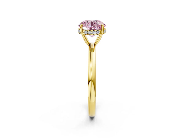 Yellow Gold Round Thin Band Hidden Halo Engagement Ring Setting for Fancy Pink Center