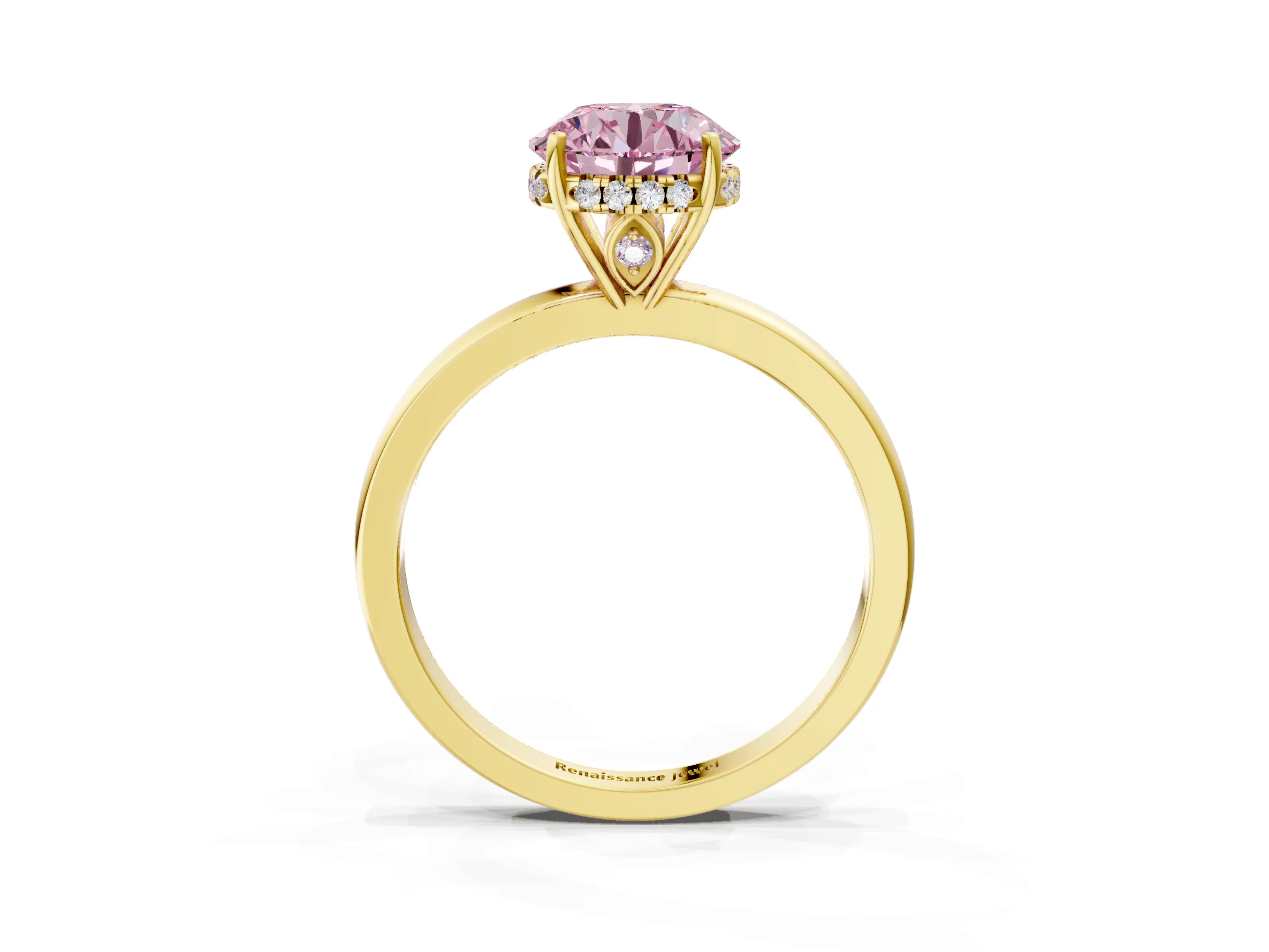 Yellow gold Fancy Pink Round Cut Solitaire Diamond Ring with Prong Setting and Plain Band_3