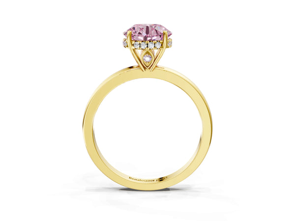 Yellow Gold Round Thin Band Hidden Halo Engagement Ring Setting for Fancy Pink Center