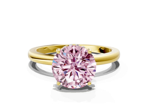 Yellow gold Fancy Pink Round Cut Solitaire Diamond Ring with Prong Setting and Plain Band