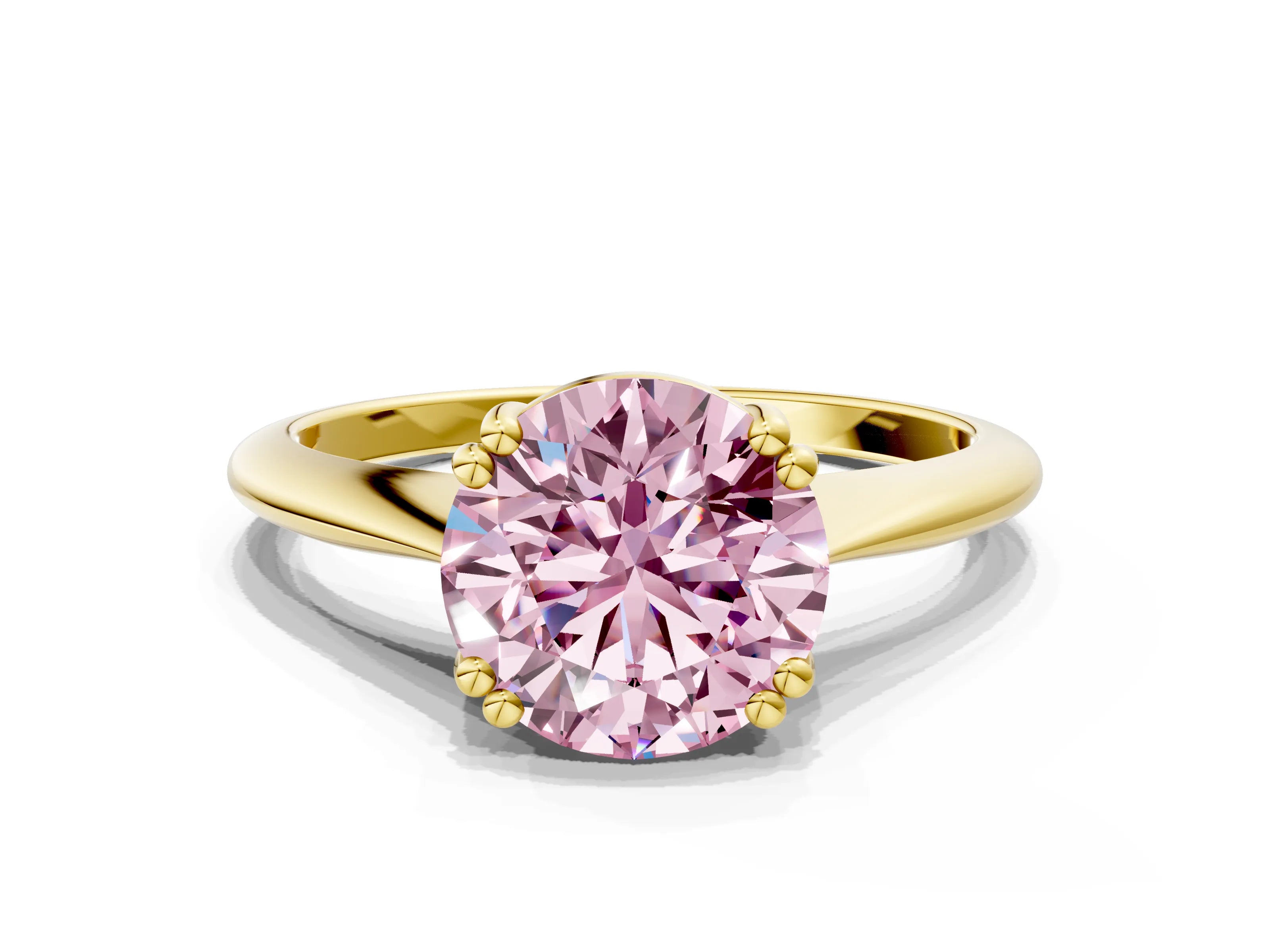 Yellow gold Fancy Pink Round Cut Solitaire Diamond Ring with Six-Prong Setting and Classic Band