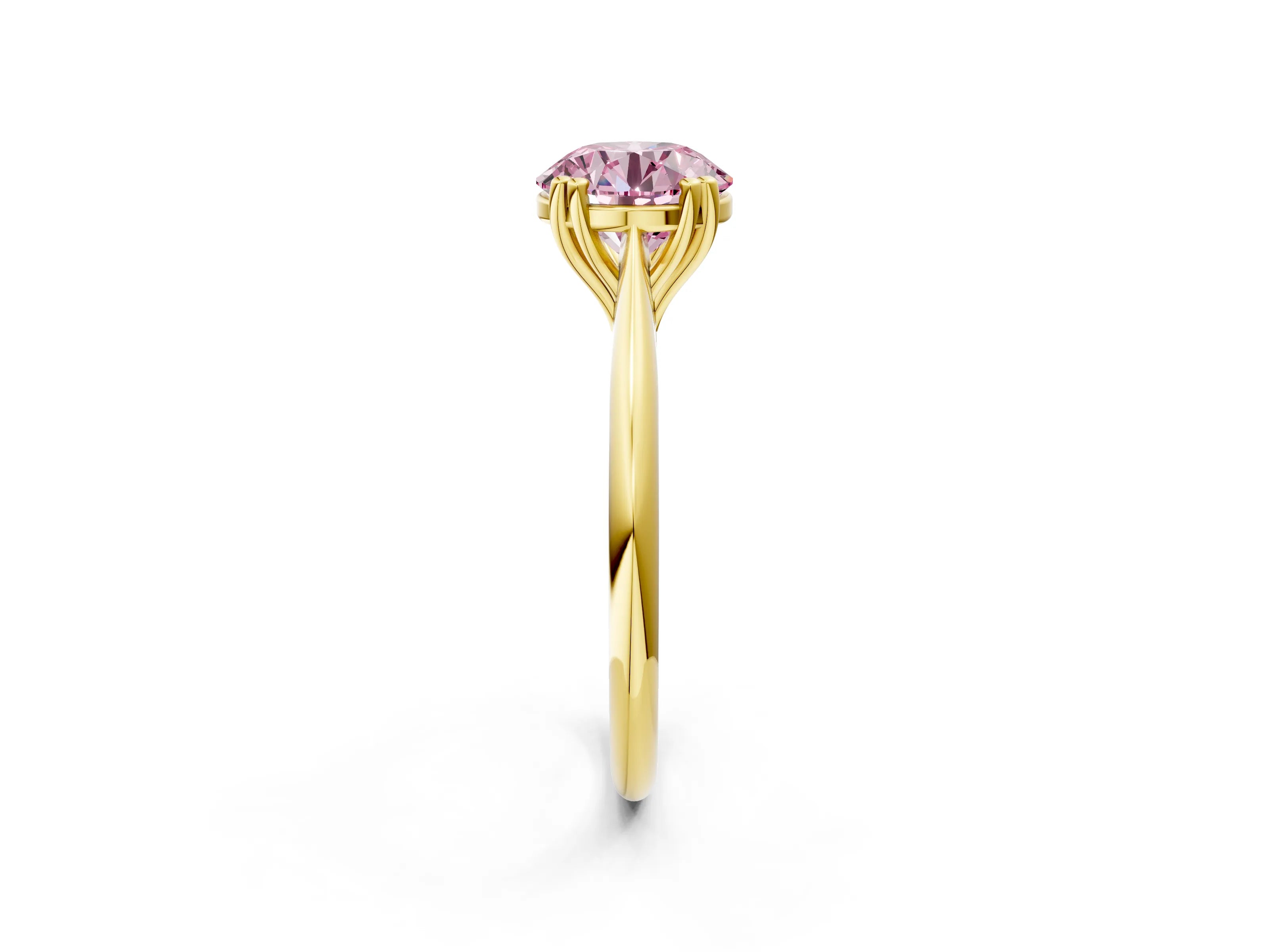 Yellow gold Fancy Pink Round Cut Solitaire Diamond Ring with Six-Prong Setting and Classic Band_2