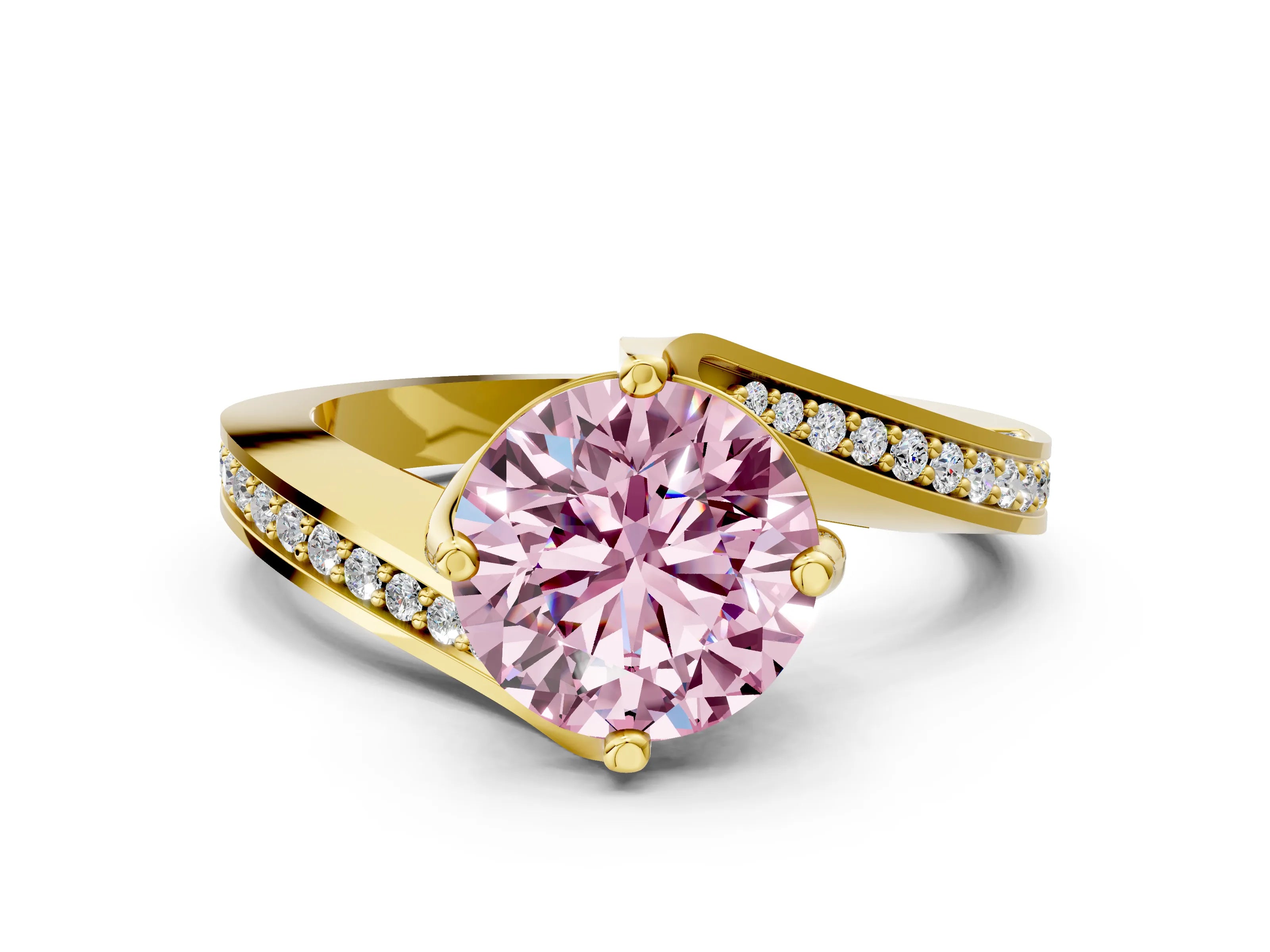 Yellow gold Fancy Pink Round Cut Solitaire Diamond Twist Band with Pavé Setting and Four-Prong Setting