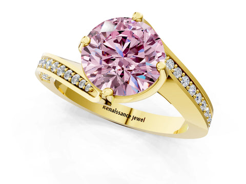 Yellow gold Fancy Pink Round Cut Solitaire Diamond Twist Band with Pavé Setting and Four-Prong Setting_1