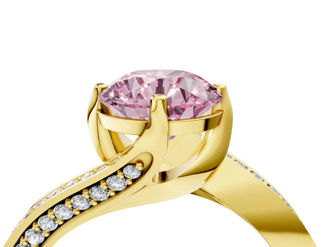 Yellow gold Fancy Pink Round Cut Solitaire Diamond Twist Band with Pavé Setting and Four-Prong Setting_4
