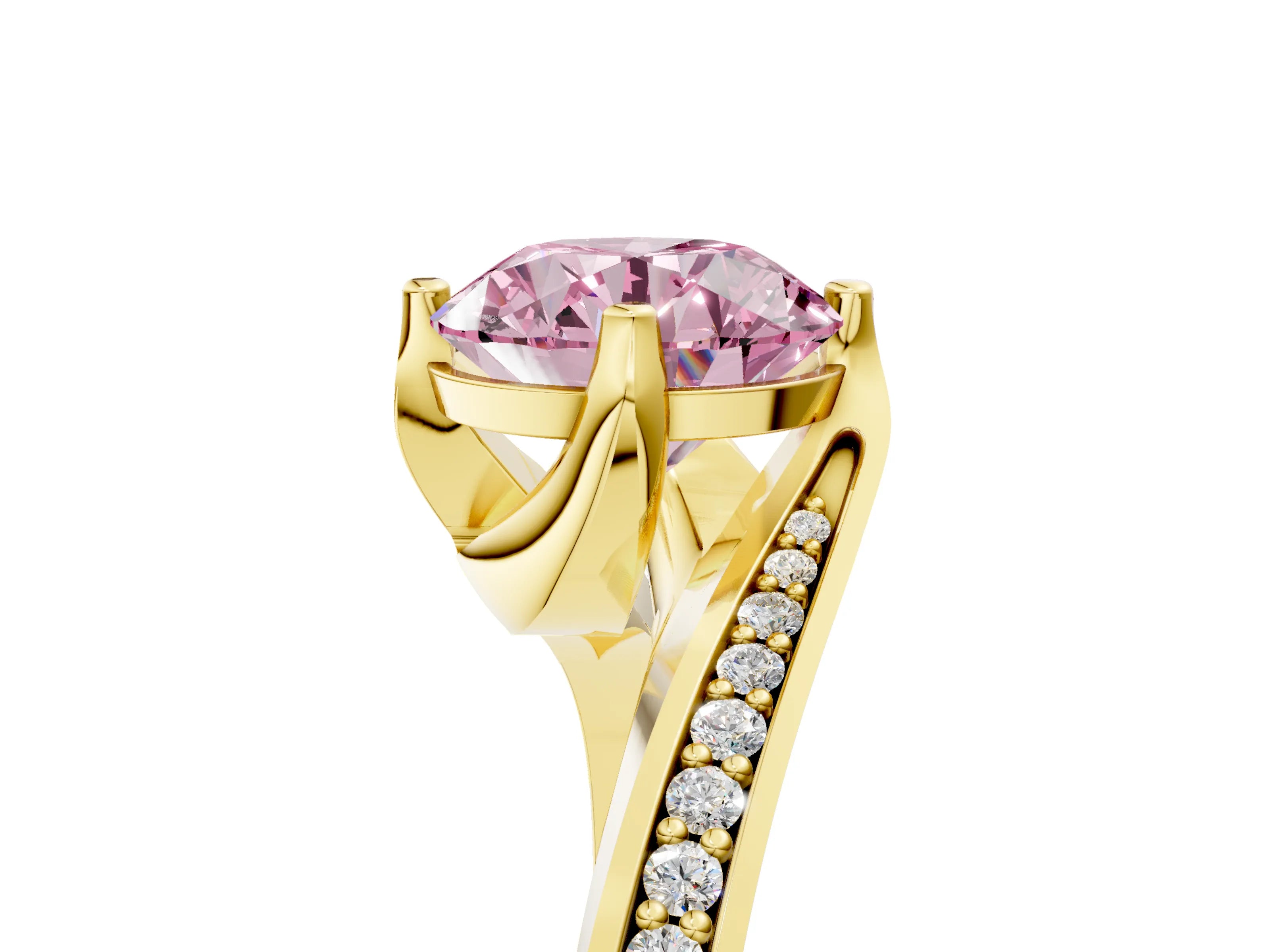 Yellow gold Fancy Pink Round Cut Solitaire Diamond Twist Band with Pavé Setting and Four-Prong Setting_5