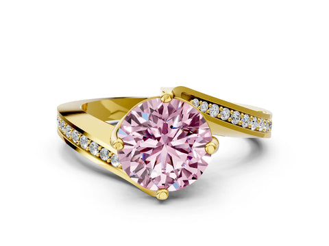 Yellow gold Fancy Pink Round Cut Solitaire Diamond Twist Band with Pavé Setting and Four-Prong Setting
