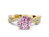 Yellow gold Fancy Pink Round  Cut Solitaire Diamond Twisted Band with Pave Setting