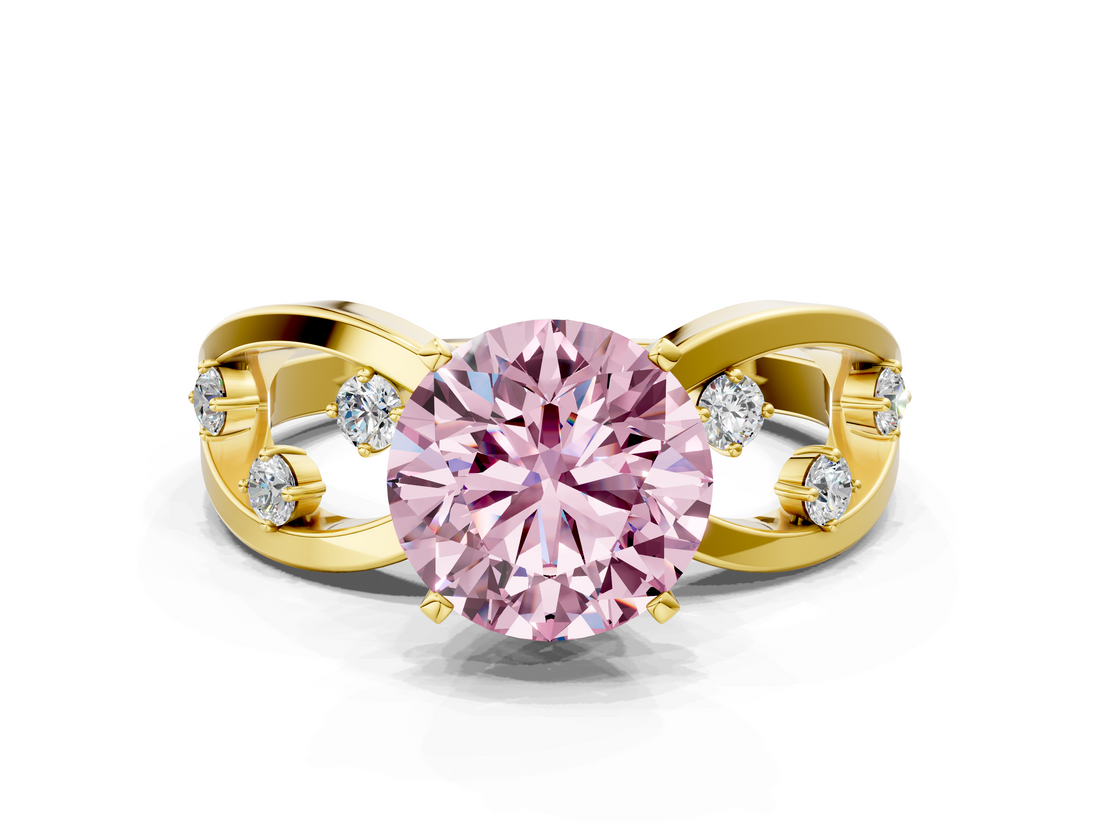 Yellow gold Fancy Pink Round  Cut Solitaire Diamond with Side Stones on Criss-Cross Band and Four-Prong Setting