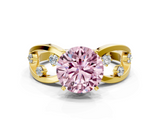 Yellow gold Fancy Pink Round  Cut Solitaire Diamond with Side Stones on Criss-Cross Band and Four-Prong Setting
