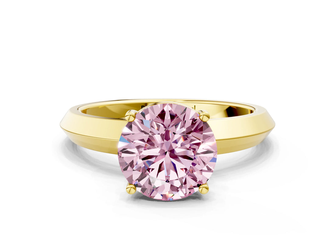 Yellow gold Fancy Pink Round  Cut Solitaire Engagement Ring with Flat Band and Four-Prong Setting