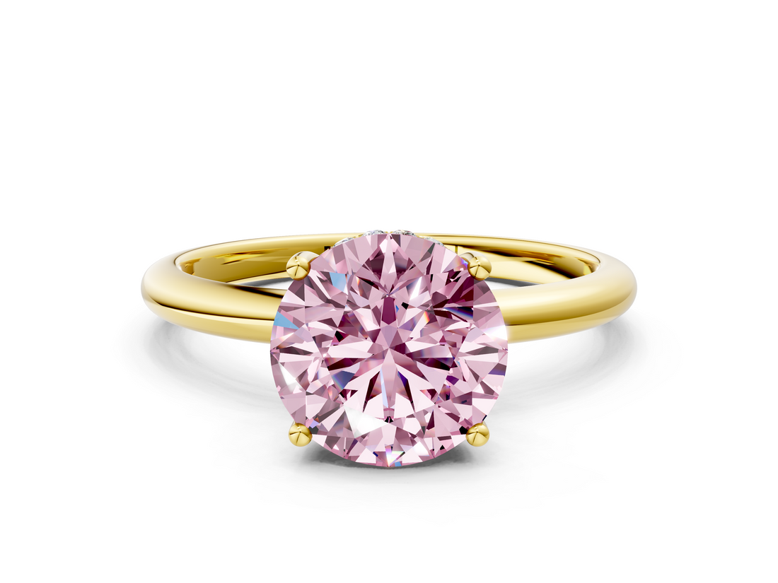 Yellow gold Fancy Pink Round  Cut Solitaire Engagement Ring with Four-Prong Setting and Classic Band