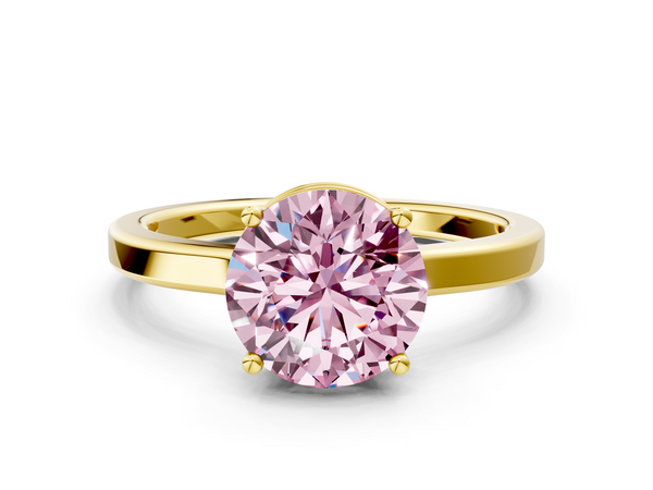 Yellow gold Fancy Pink Round  Cut Solitaire Engagement Ring with Four-Prong Setting on a Classic Band