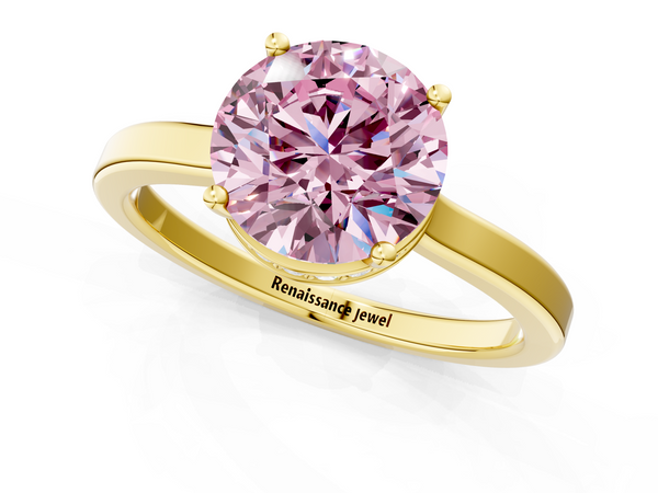 Yellow gold Fancy Pink Round  Cut Solitaire Engagement Ring with Four-Prong Setting on a Classic Band