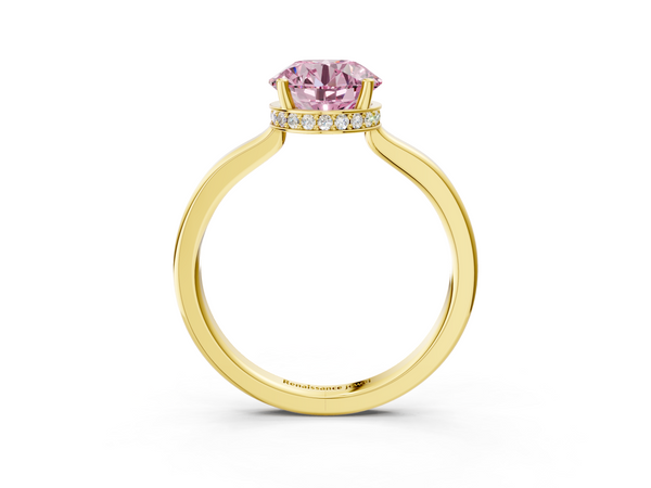 Yellow gold Fancy Pink Round  Cut Solitaire Engagement Ring with Four-Prong Setting on a Classic Band