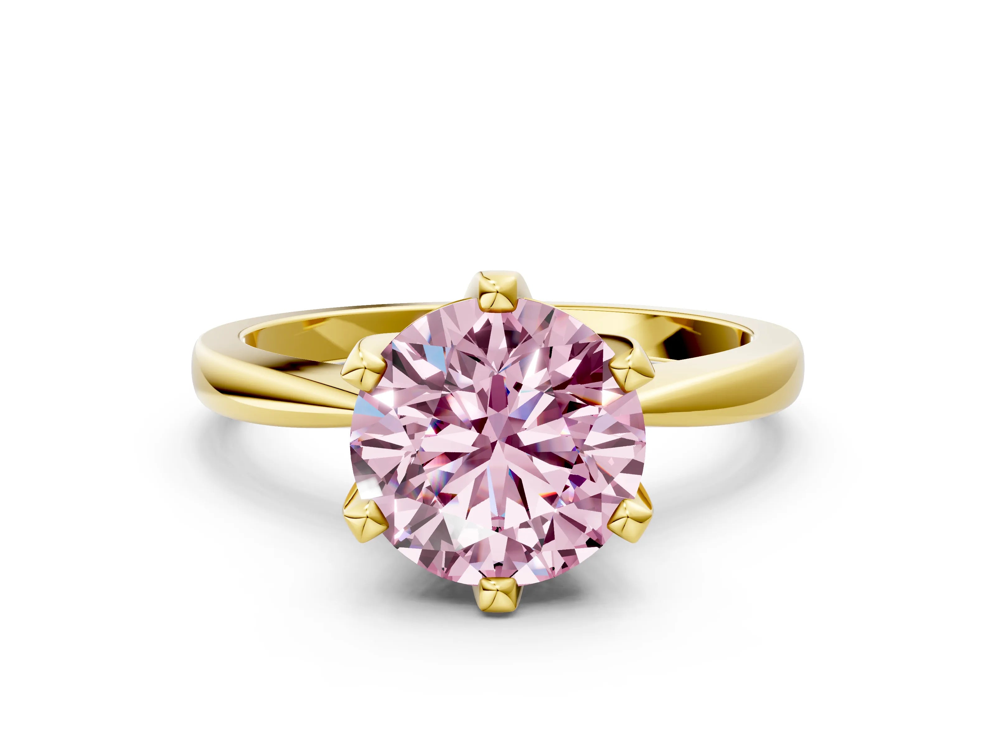 Yellow gold Fancy Pink Round Cut Solitaire Engagement Ring with Six-Prong Setting and Tapered Band