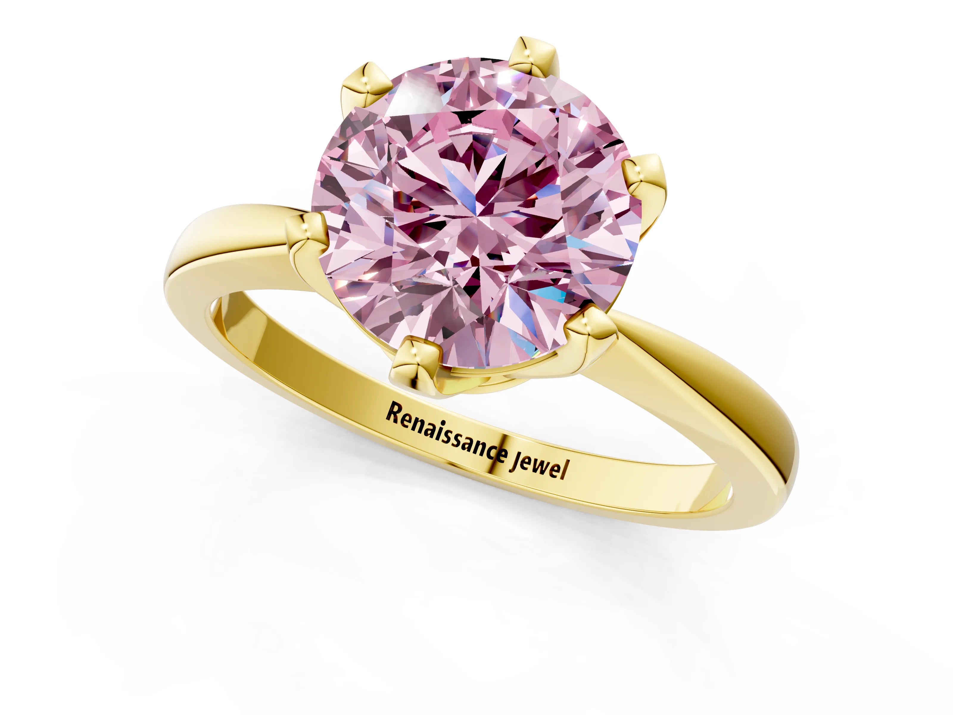 Yellow gold Fancy Pink Round Cut Solitaire Engagement Ring with Six-Prong Setting and Tapered Band_1