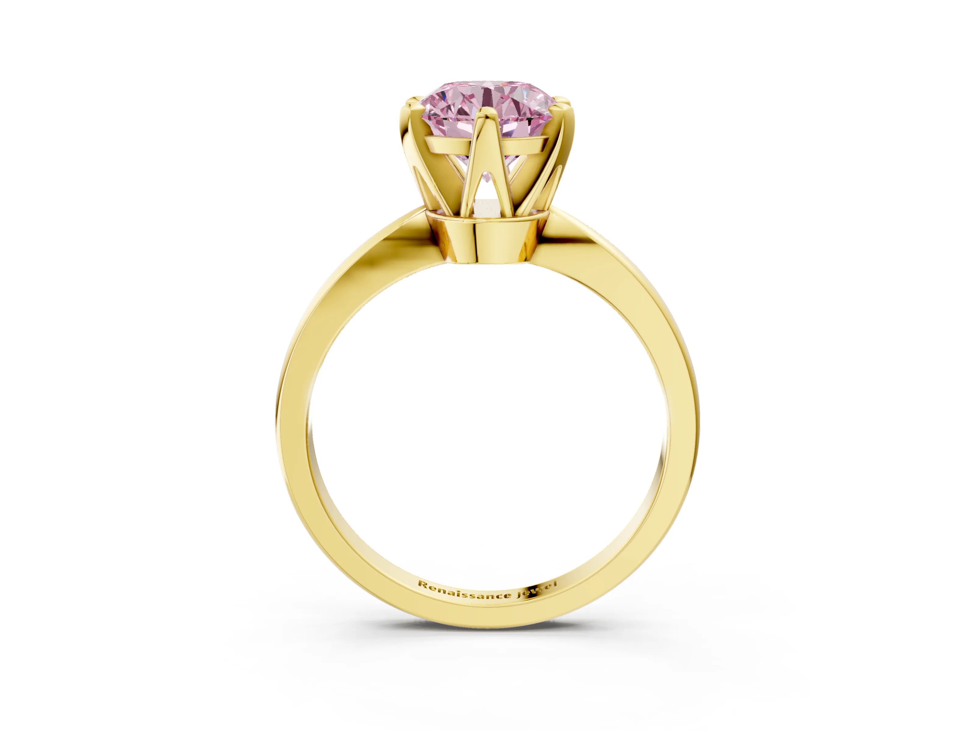 Yellow gold Fancy Pink Round Cut Solitaire Engagement Ring with Six-Prong Setting and Tapered Band_3