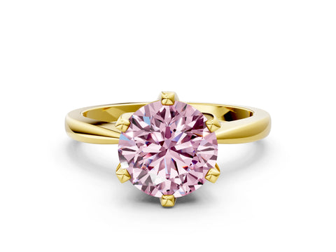 Yellow gold Fancy Pink Round Cut Solitaire Engagement Ring with Six-Prong Setting and Tapered Band
