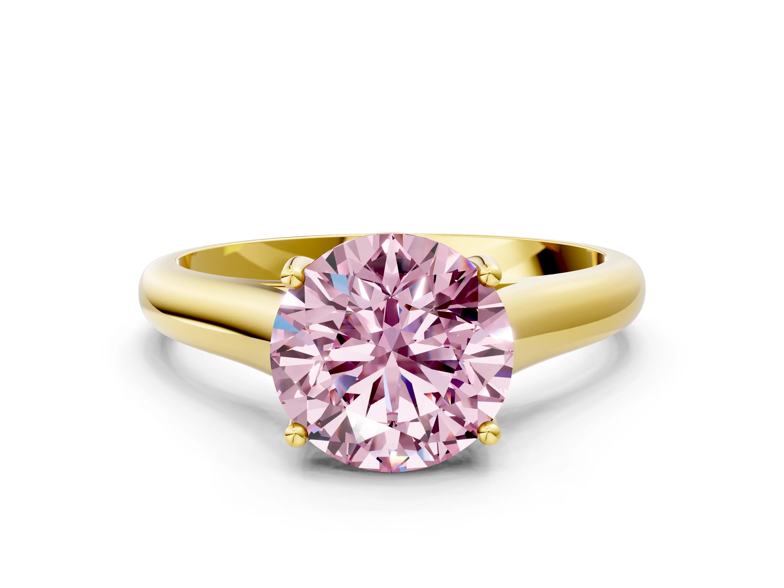 Yellow gold Fancy Pink Round Cut Solitaire Engagement Ring with Tapered Band and Four-Prong Setting_3