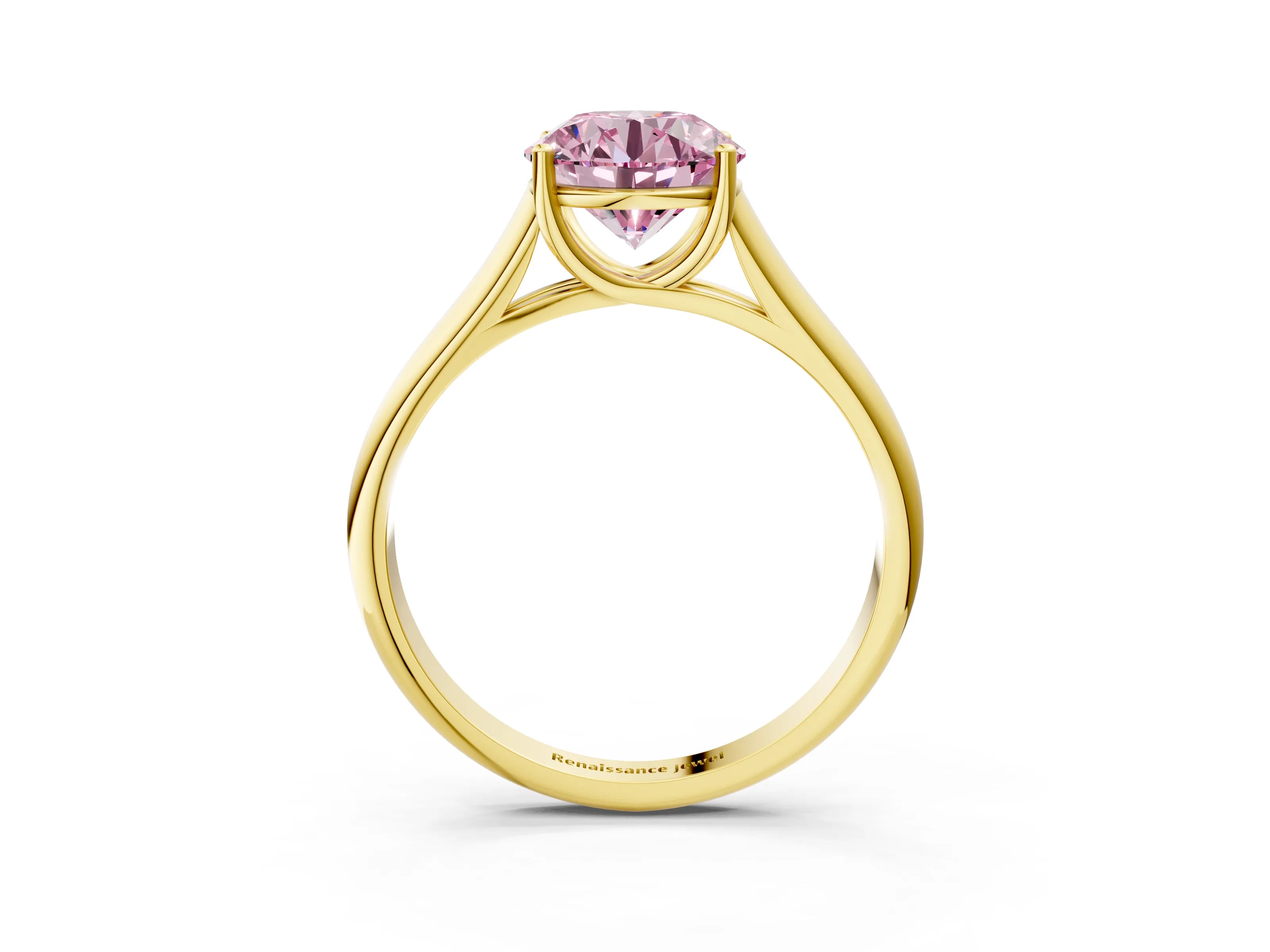 Yellow gold Fancy Pink Round Cut Solitaire Engagement Ring with Tapered Band and Four-Prong Setting_6