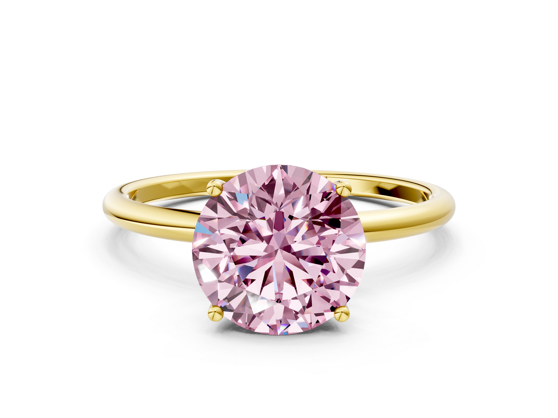 Yellow gold Fancy Pink Round  Cut Solitaire Engagement Ring with Thin Band and Four-Prong Setting_3
