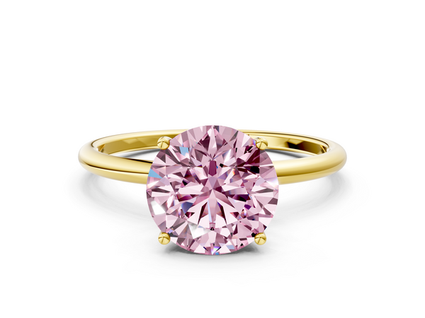 Yellow gold Fancy Pink Round  Cut Solitaire Engagement Ring with Thin Band and Four-Prong Setting
