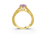 Yellow gold Fancy Pink Round  Cut Solitaire Engraved Band with Four-Prong Setting_3