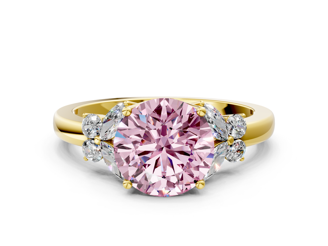Yellow gold Fancy Pink Round  Cut Solitaire Floral Diamond Ring with Four-Prong Setting