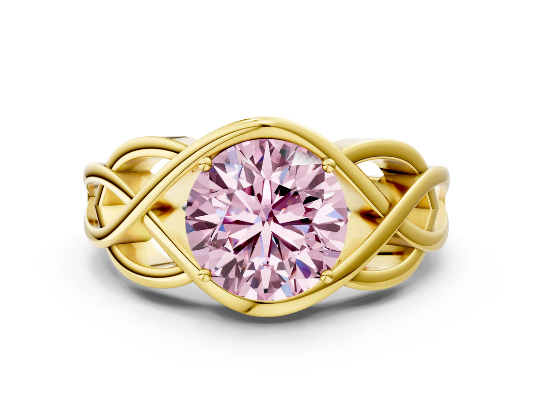 Yellow gold Fancy Pink Round Cut Solitaire Intertwined Band Prong Setting Ring