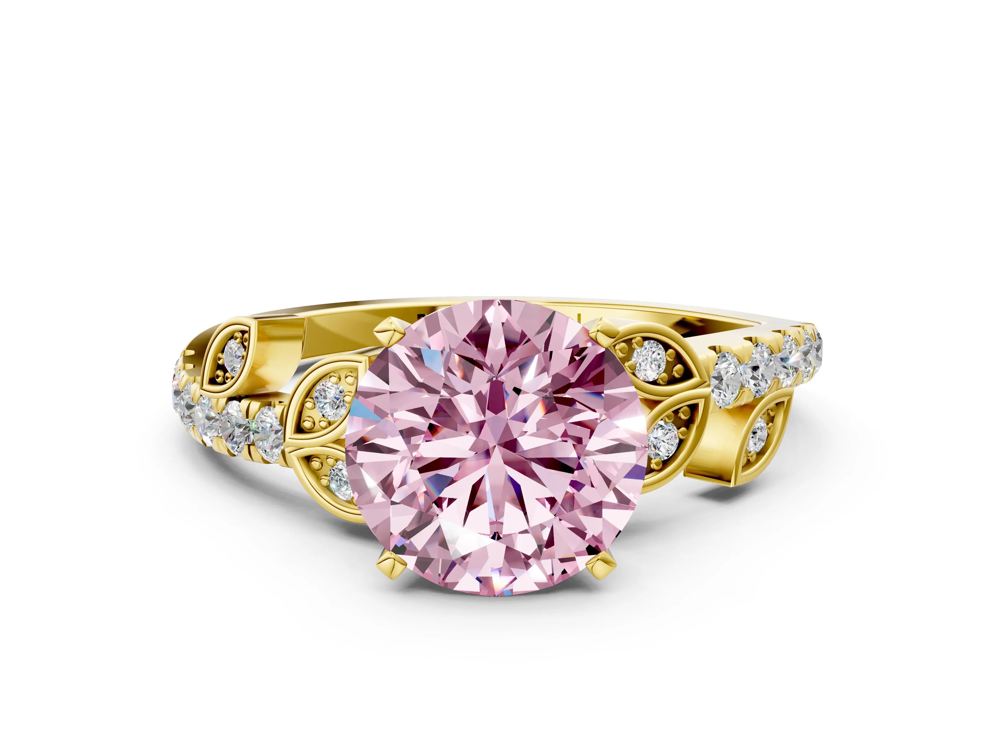 Yellow gold Fancy Pink Round Cut Solitaire Leaf-Inspired Diamond Ring with Pavé Band and Four-Prong Setting