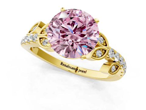 Yellow gold Fancy Pink Round Cut Solitaire Leaf-Inspired Diamond Ring with Pavé Band and Four-Prong Setting_1