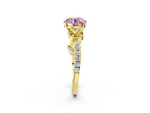 Yellow gold Fancy Pink Round Cut Solitaire Leaf-Inspired Diamond Ring with Pavé Band and Four-Prong Setting_2