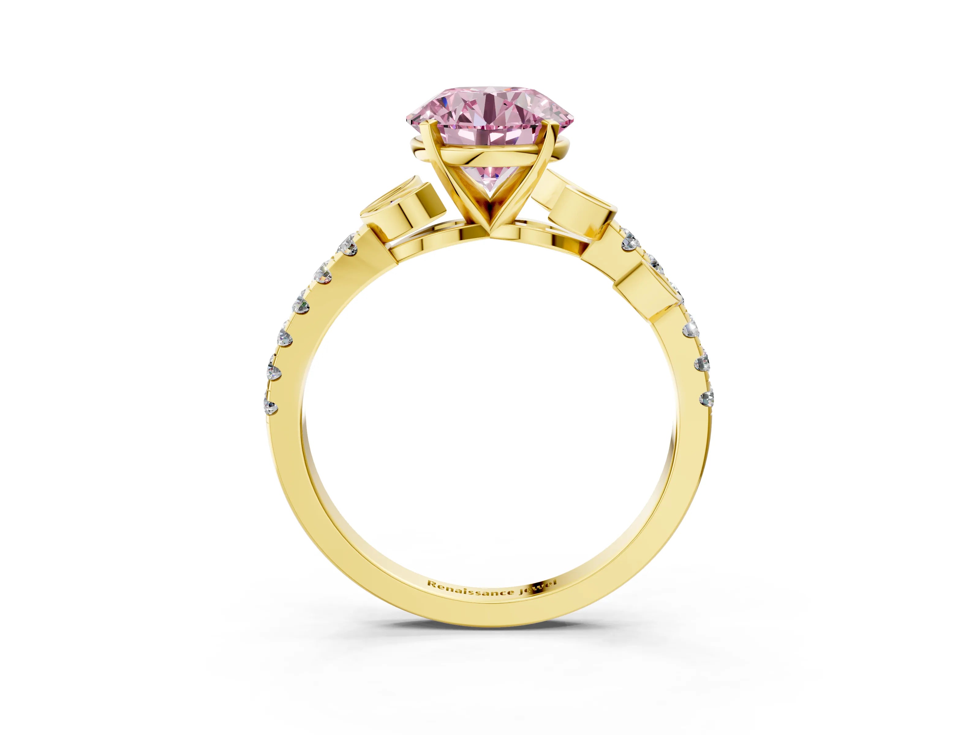 Yellow gold Fancy Pink Round Cut Solitaire Leaf-Inspired Diamond Ring with Pavé Band and Four-Prong Setting_3