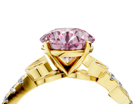 Yellow gold Fancy Pink Round Cut Solitaire Leaf-Inspired Diamond Ring with Pavé Band and Four-Prong Setting_4